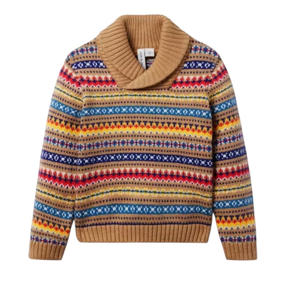 Janie and Jack Kids Fair Isle‎ Shawl Collar Sweater Tan Multi Color 18 24 Months